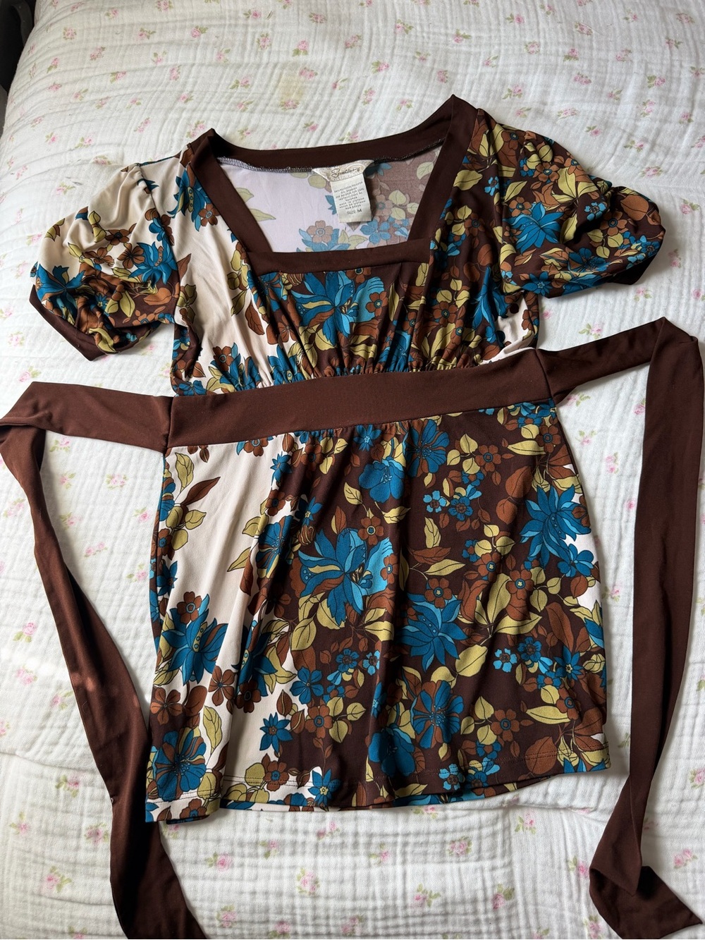 Speechless Brown Floral Square-Neck Tunic with Blue Accents